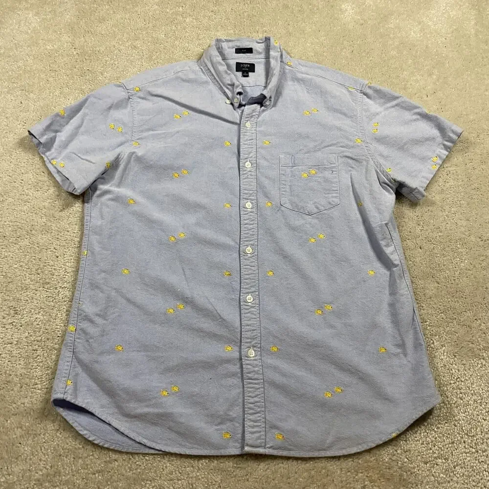 J Crew Shirt Mens XL Blue Oxford Short Sleeve Gold Fish Embroidered Slim Fit